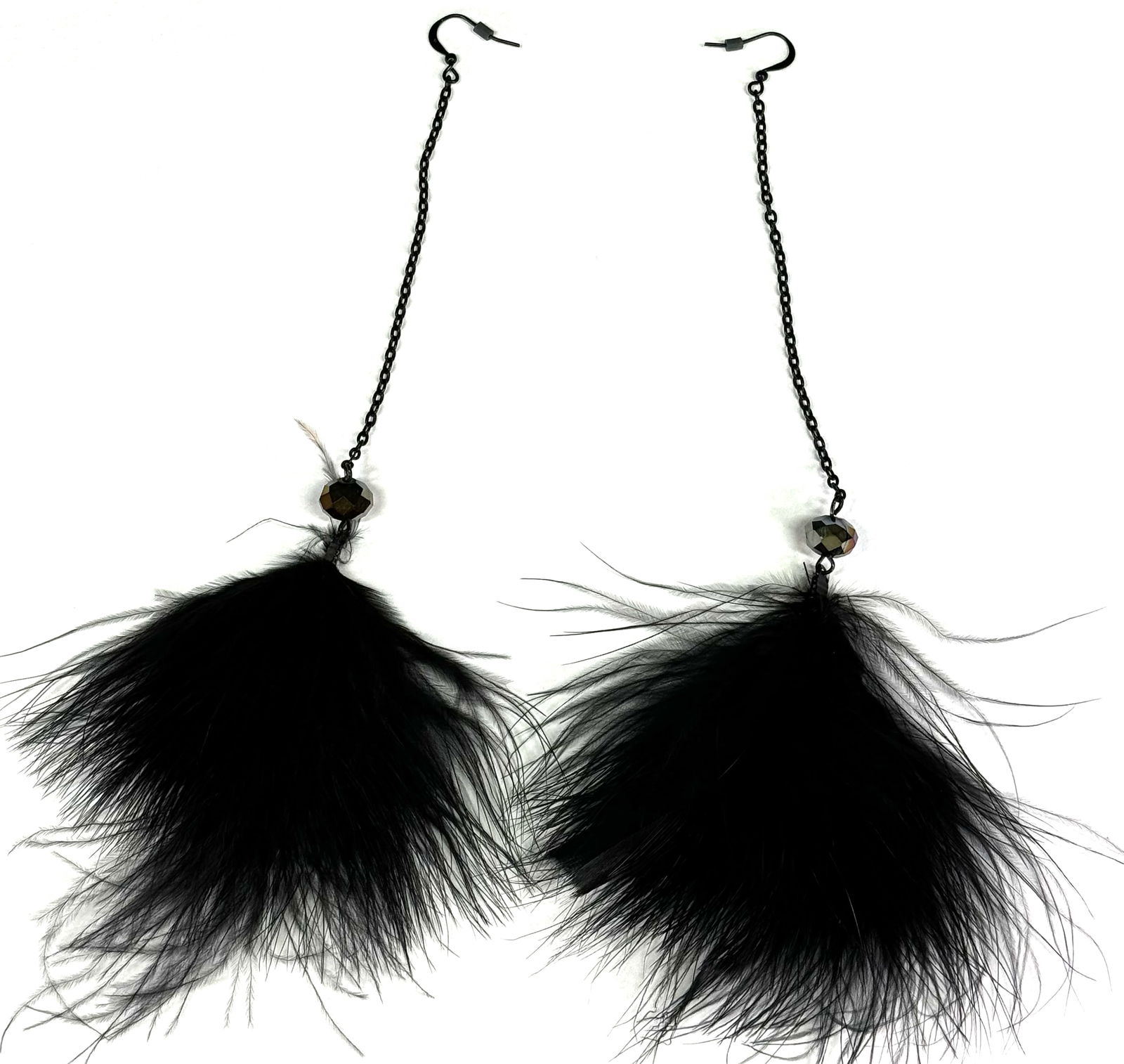 Black ostrich feathers, AB crystal bead dangles hook earrings.: IN HOUSE FLAT SHIPPING & HANDLING COST WITHIN ALL THE U.S. : $7 To bypass LiveShipping, and use our In-House shipping service for $7 or shipping combined for multiple lots, please select “Arrange Yo