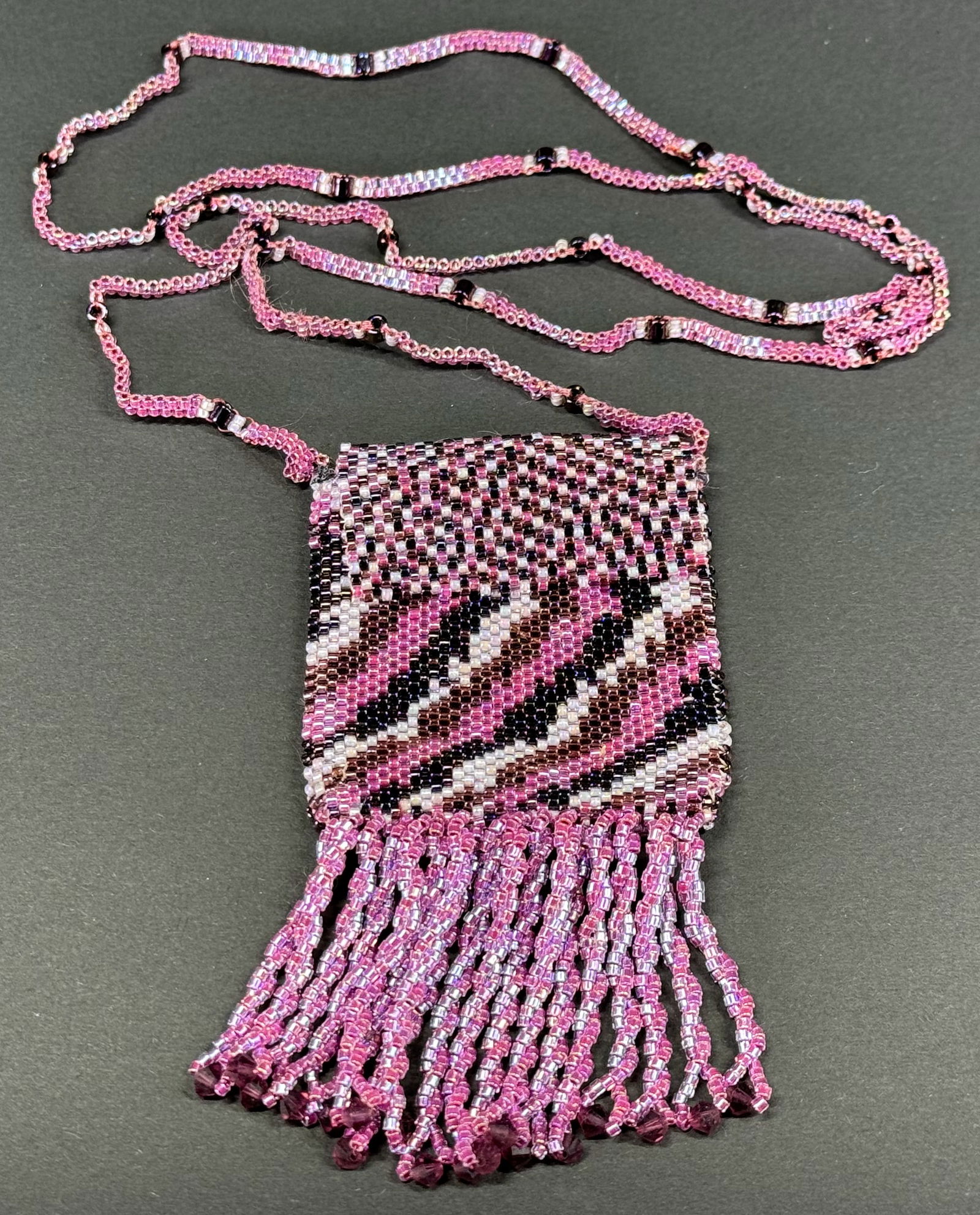 Vintage flapper style puple glass beadwork tapestry miniature purse pouch with fringe necklace.: IN HOUSE FLAT SHIPPING & HANDLING COST WITHIN ALL THE U.S. : $7 To bypass LiveShipping, and use our In-House shipping service for $7 or shipping combined for multiple lots, please select “Arrange Yo
