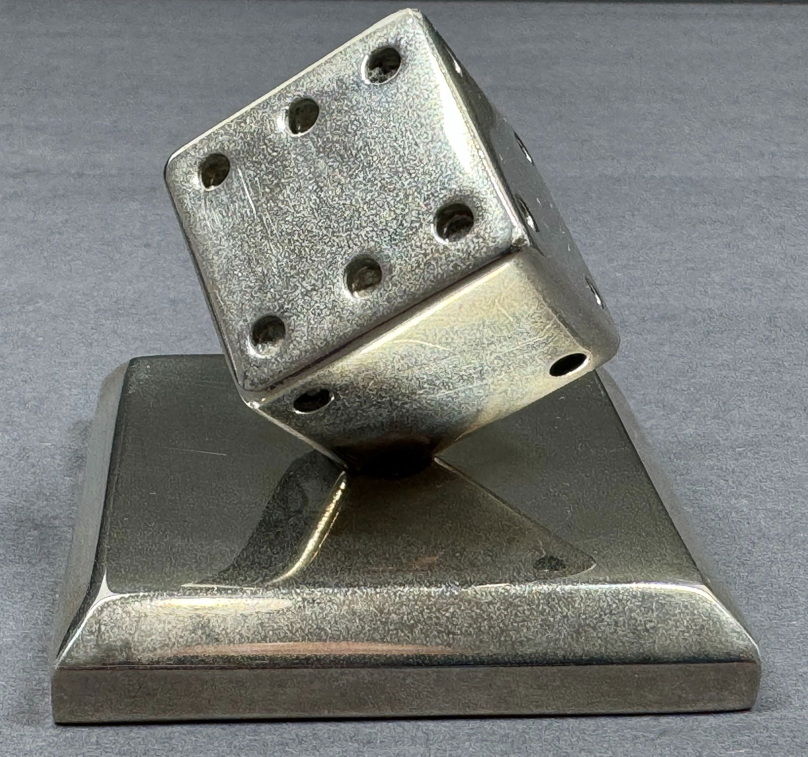 Vintage MCM Modernist Edgar Brandt Style Dice Paperweight. Chromed metal.: IN HOUSE FLAT SHIPPING & HANDLING COST WITHIN ALL THE U.S. : $14 To bypass LiveShipping, and use our In-House shipping service for $14 or shipping combined for multiple lots, please select “Arrange