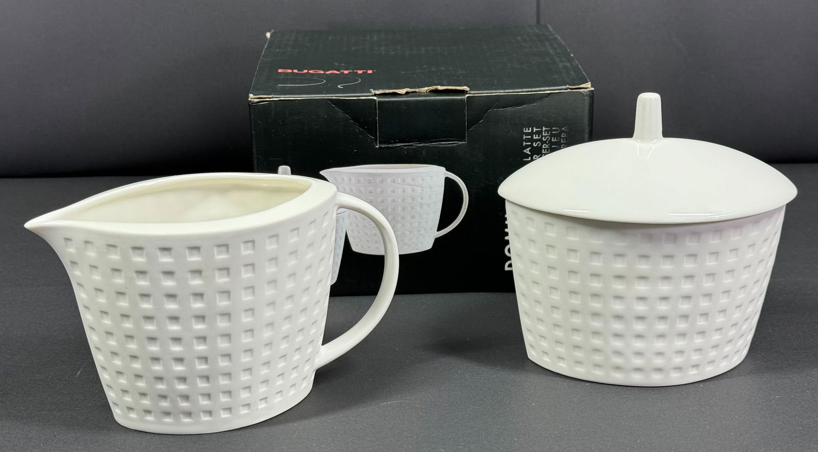 Casa Bugatti Italy Domino Unused Porcelain Sugar and Creamer Set. Original box. (1 of 7)