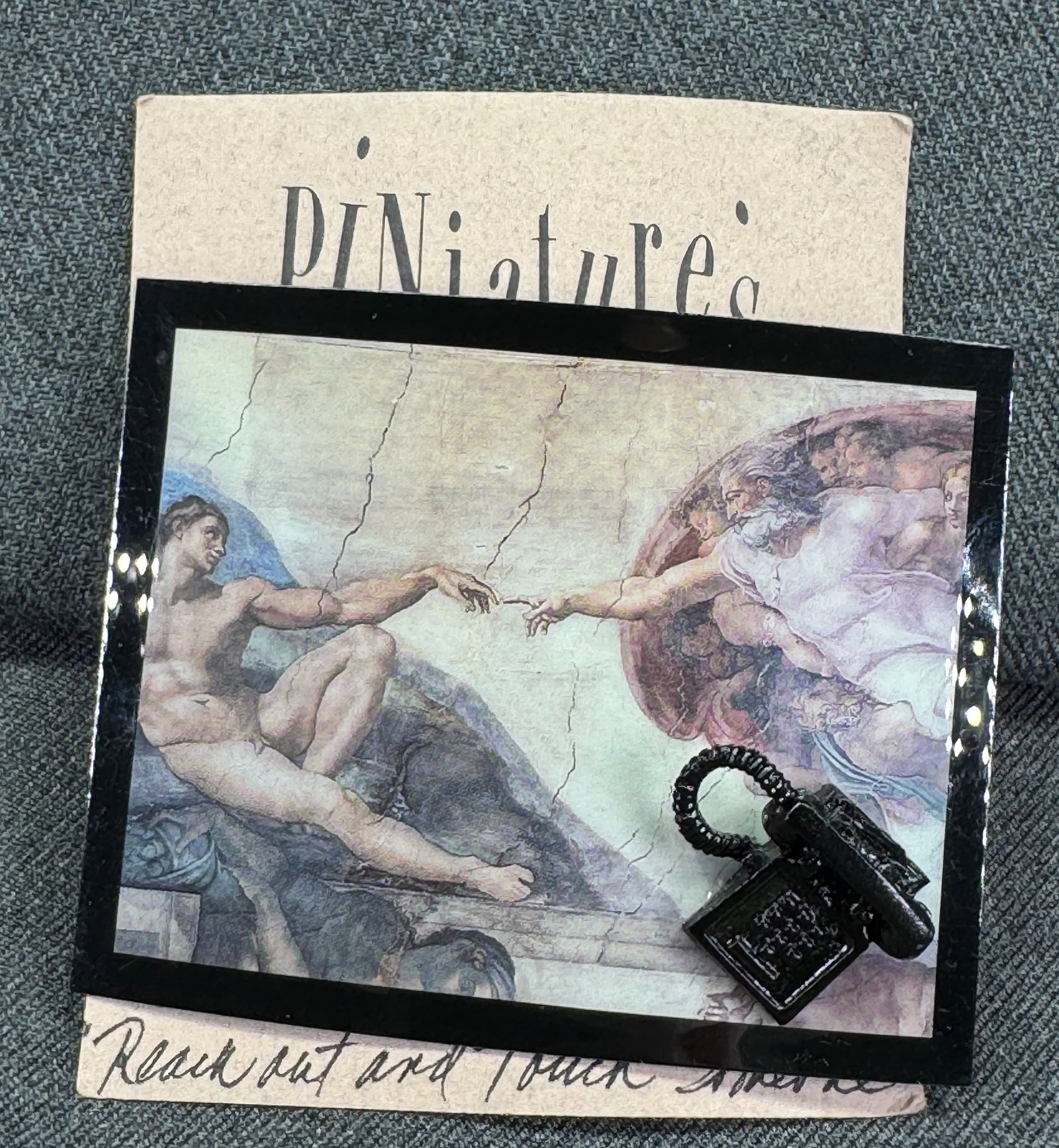 Artsy "Reach Out & Touch Someone" miniature phone celluloid Creation of Adam Michelangelo brooch pin: IN HOUSE FLAT SHIPPING & HANDLING COST WITHIN ALL THE U.S. : $7 To bypass LiveShipping, and use our In-House shipping service for $7 or shipping combined for multiple lots, please select “Arrange Yo