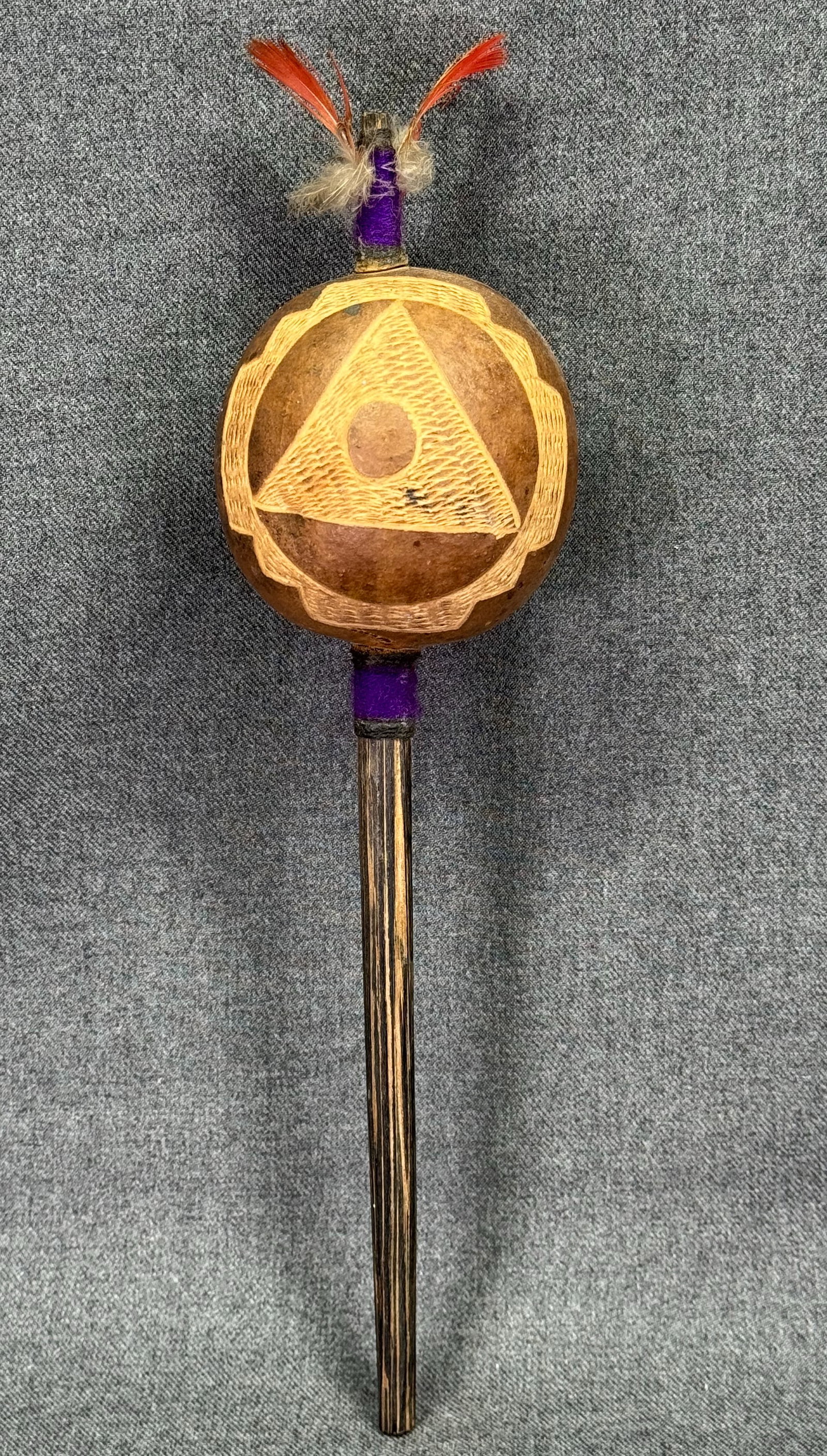 Amazonian Shipibo Rattle. Decorated gourd, wood, feathers, fibers.: IN HOUSE FLAT SHIPPING & HANDLING COST WITHIN ALL THE U.S. : $10 To bypass LiveShipping, and use our In-House shipping service for $10 or shipping combined for multiple lots, please select “Arrange 