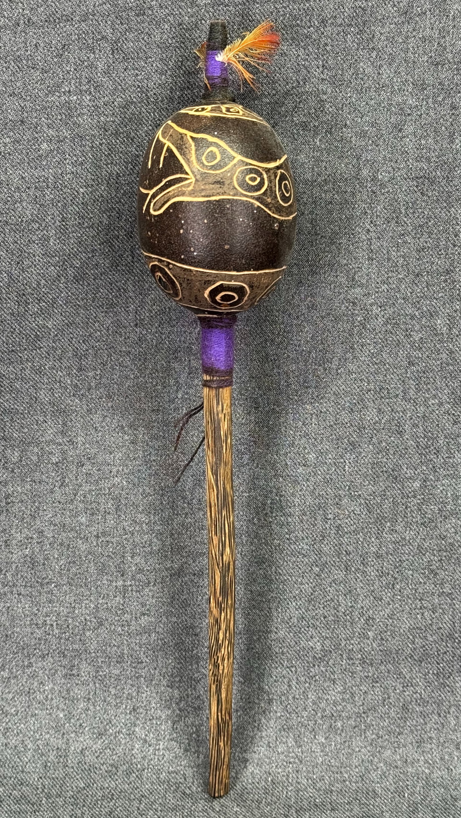 Amazonian Shipibo Snake Rattle. Decorated gourd, wood, feathers, fibers.: IN HOUSE FLAT SHIPPING & HANDLING COST WITHIN ALL THE U.S. : $10 To bypass LiveShipping, and use our In-House shipping service for $10 or shipping combined for multiple lots, please select “Arrange 