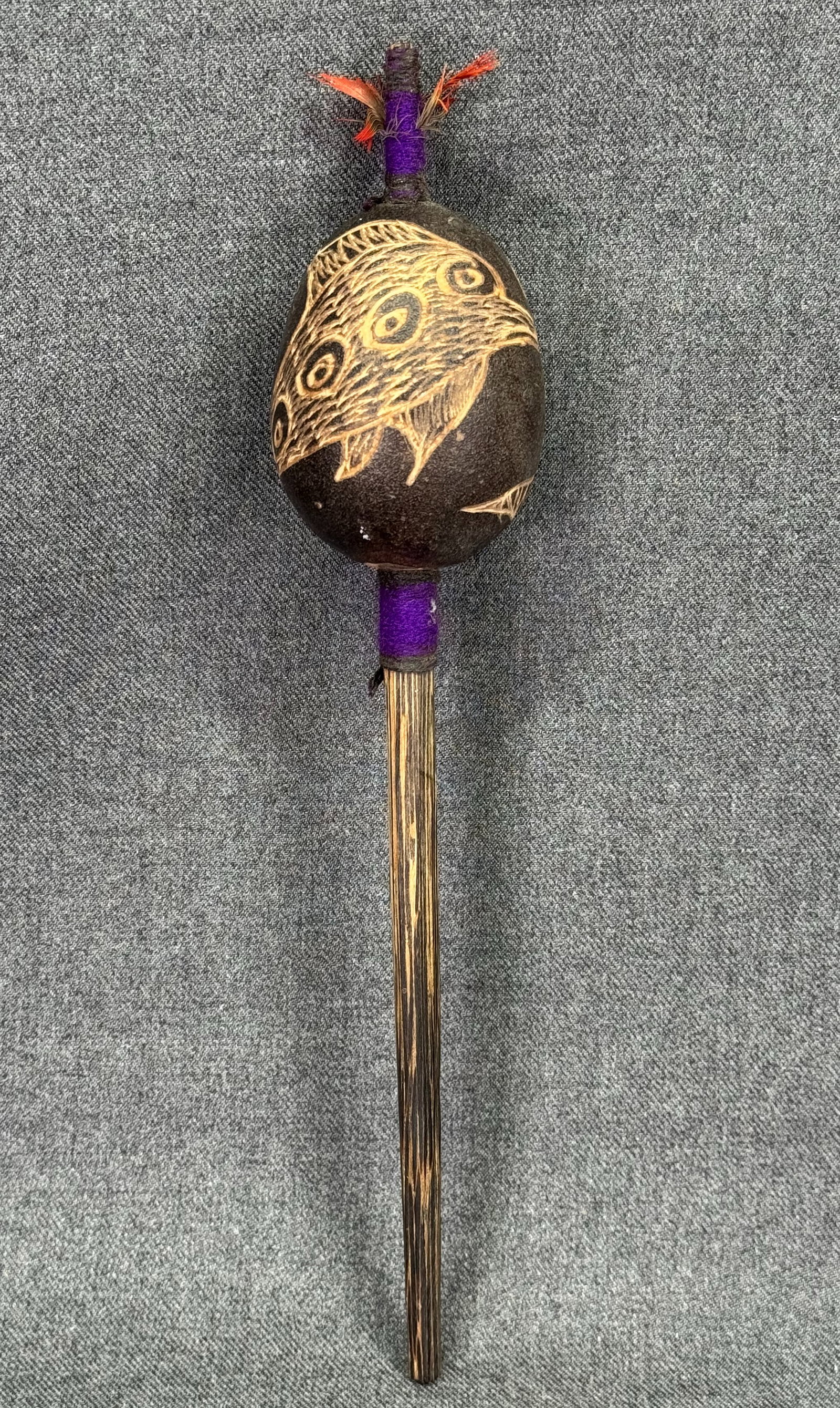 Amazonian Shipibo Bird Rattle. Decorated gourd, wood, feathers, fibers.: IN HOUSE FLAT SHIPPING & HANDLING COST WITHIN ALL THE U.S. : $10 To bypass LiveShipping, and use our In-House shipping service for $10 or shipping combined for multiple lots, please select “Arrange 