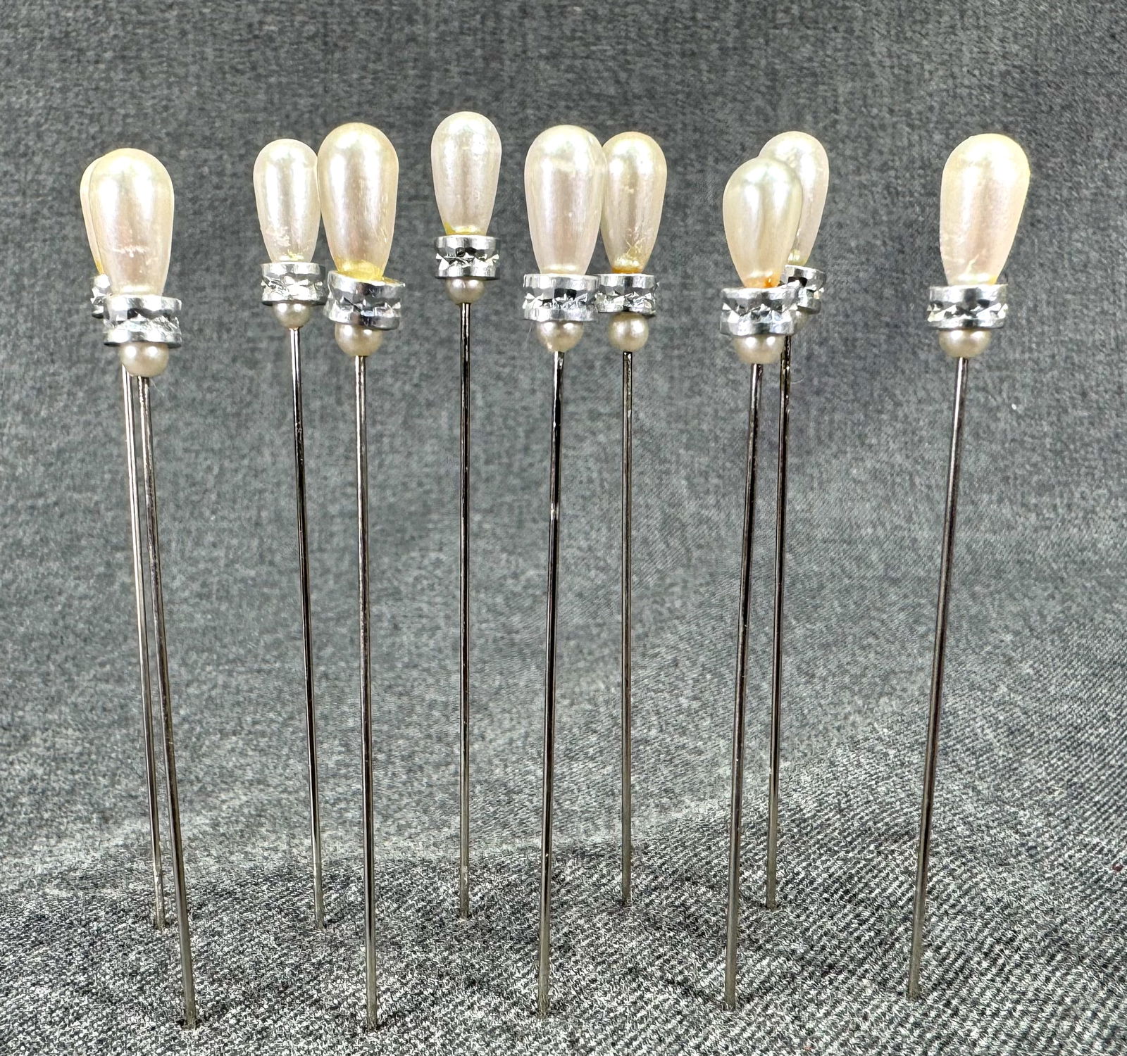 Vintage pearly & cut aluminum beads hat pins hatpins. Lot of 10 (1 of 4)
