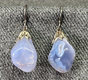 Vintage Boho Blue Chalcedony Nugget Filligree Silver-toned Hook Earrings