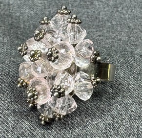 Faceted crystals cluster silver-toned adjustable ring