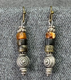 Vintage boho assorted heishi stone silver-toned beads bronze hook earrings