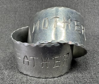 Vintage engraved mother & father aluminium small cuffs or napking rings