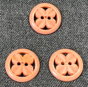 Vintage rose coral color galalith  pierced flower buttons. Lot of 3