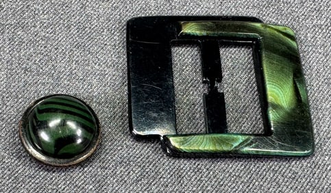 Vintage marbled green & black celluloid tight back button & belt buckle