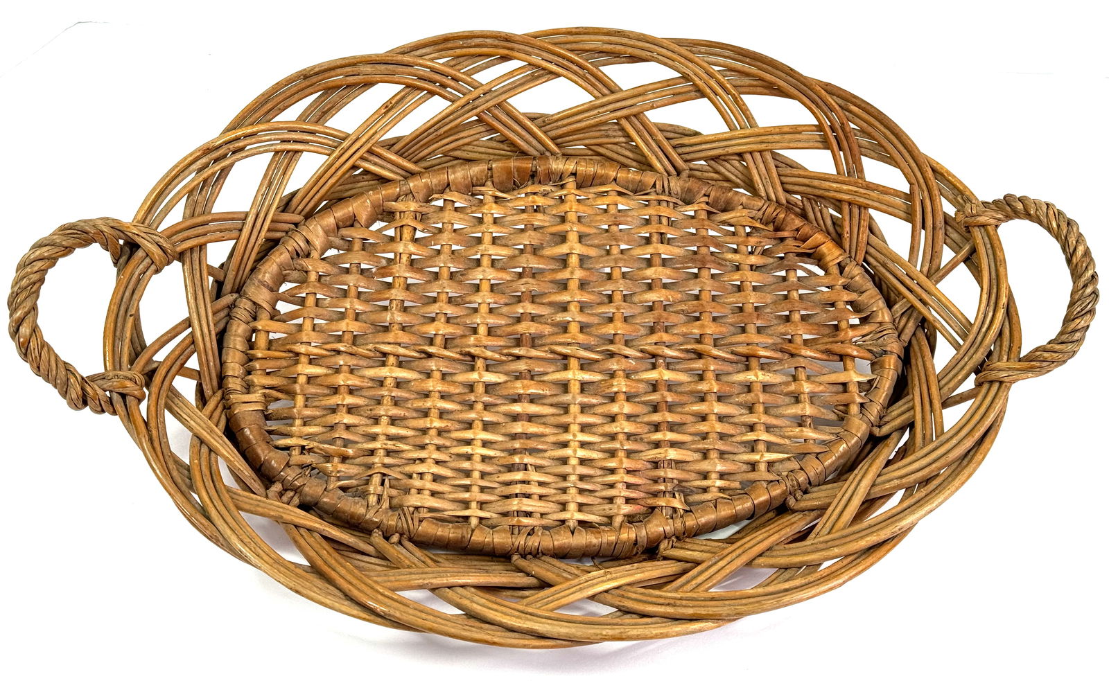 Vintage woven wicker basket large tray with handles. (1 of 7)