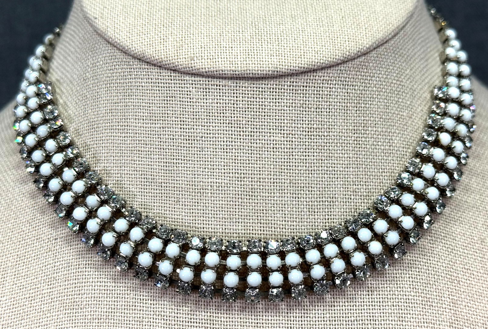 Vintage Hattie Carnegie style milky glass & clear rhinestones mesh choker necklace (1 of 6)