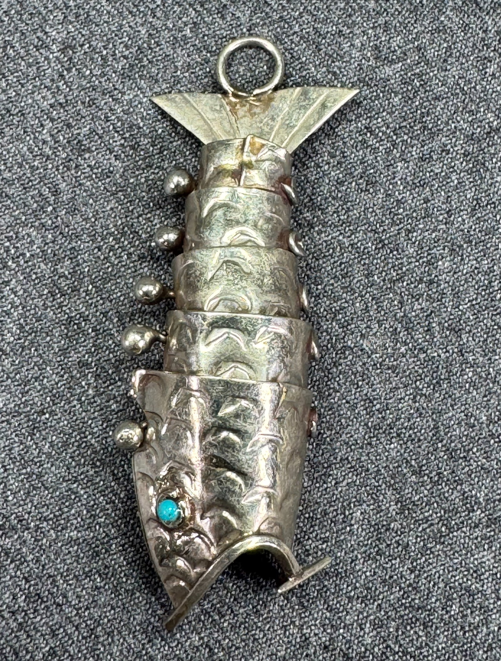 Vintage turquoise pottery? alpacca articulated fish bottle opener pendant (1 of 6)