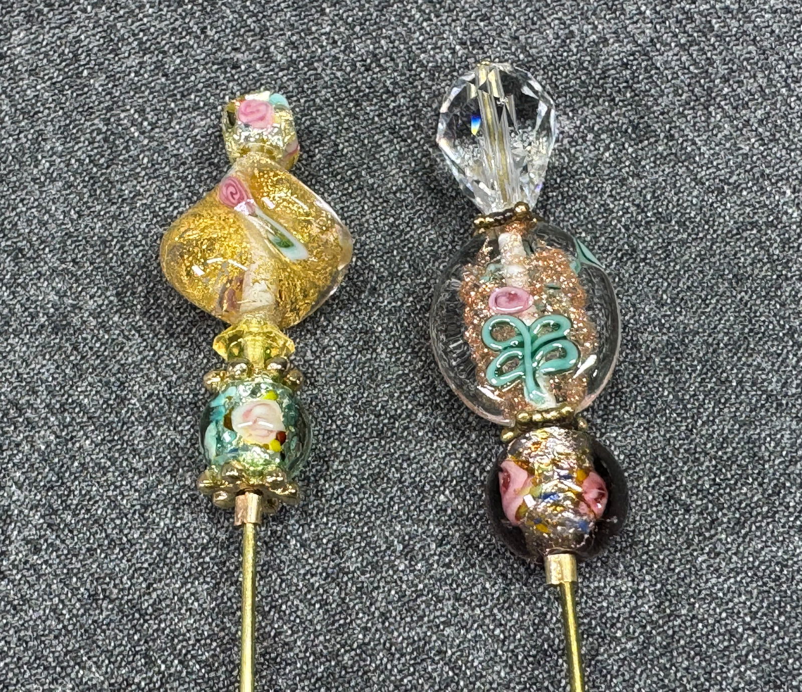Assorted Murano glass & crystal beads gold-toned stick pins. Lot of 2: IN HOUSE FLAT SHIPPING & HANDLING COST WITHIN ALL THE U.S. : $7 To bypass LiveShipping, and use our In-House shipping service for $7 or shipping combined for multiple lots, please select “Arrange Yo