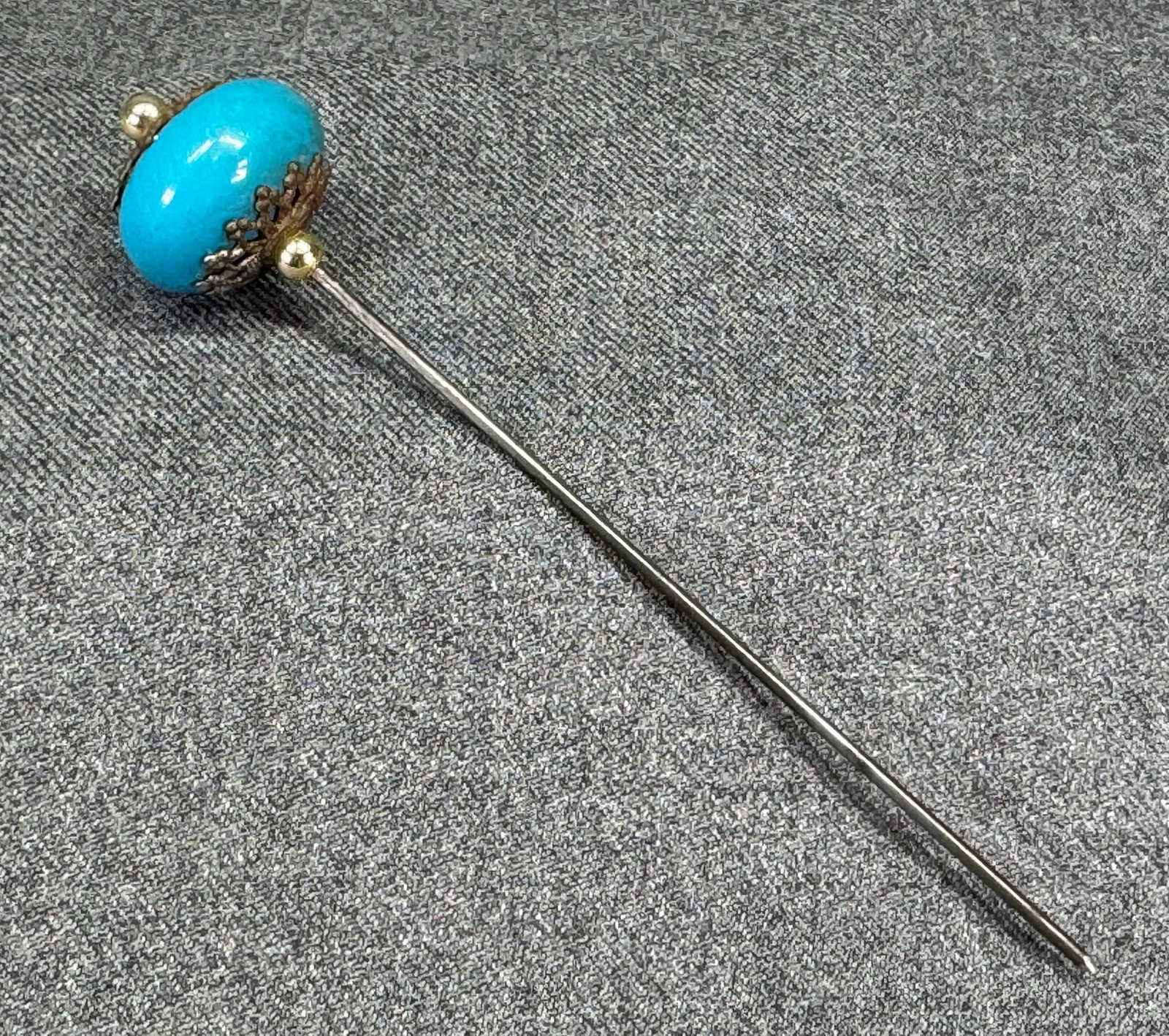 Antique painted turquoise wooden filigree hat pin (1 of 5)