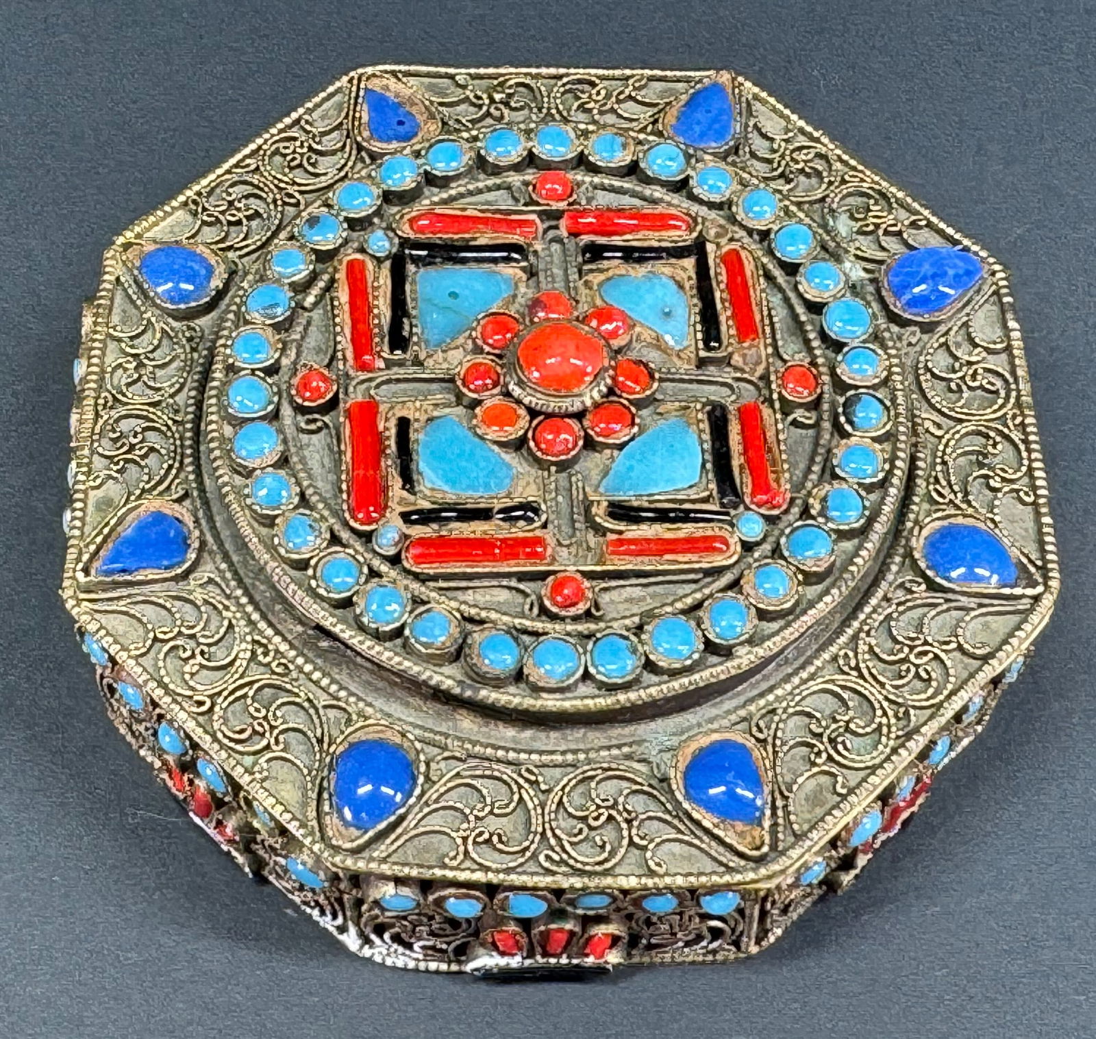 Vintage Tibetan tribal jeweled glass beads silvertone metal trinket hinged box. (1 of 8)