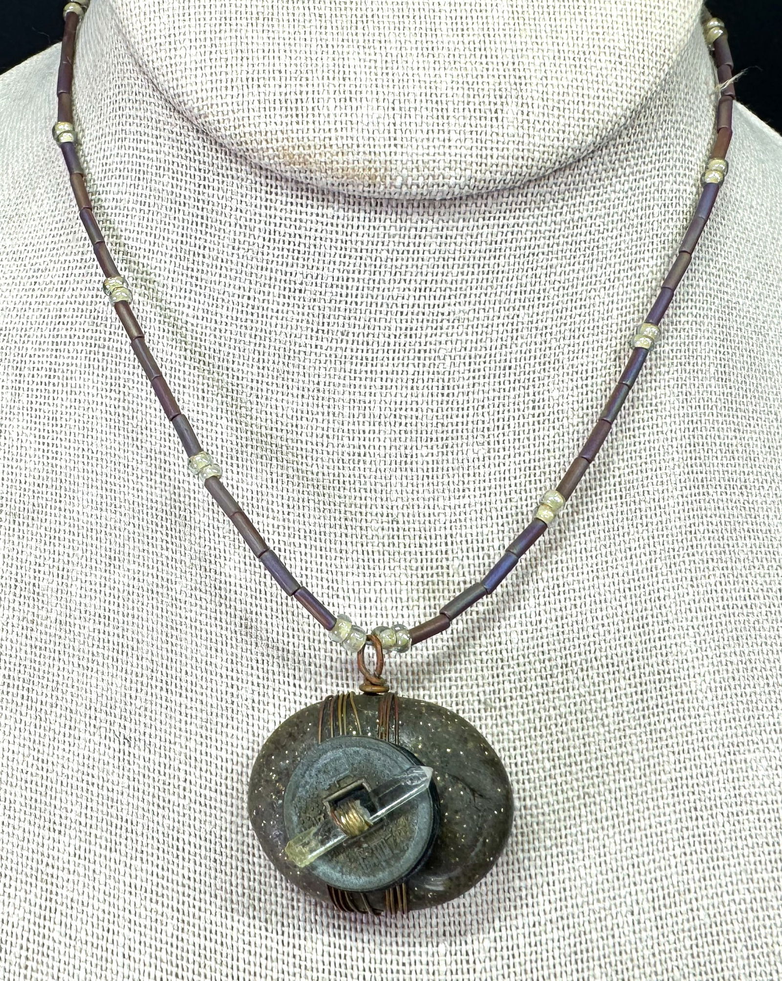 Vintage Southwestern style artisan crafted wrapped coin quartz heart medallion beads choker necklace: IN HOUSE FLAT SHIPPING & HANDLING COST WITHIN ALL THE U.S. : $7 To bypass LiveShipping, and use our In-House shipping service for $7 or shipping combined for multiple lots, please select “Arrange Yo