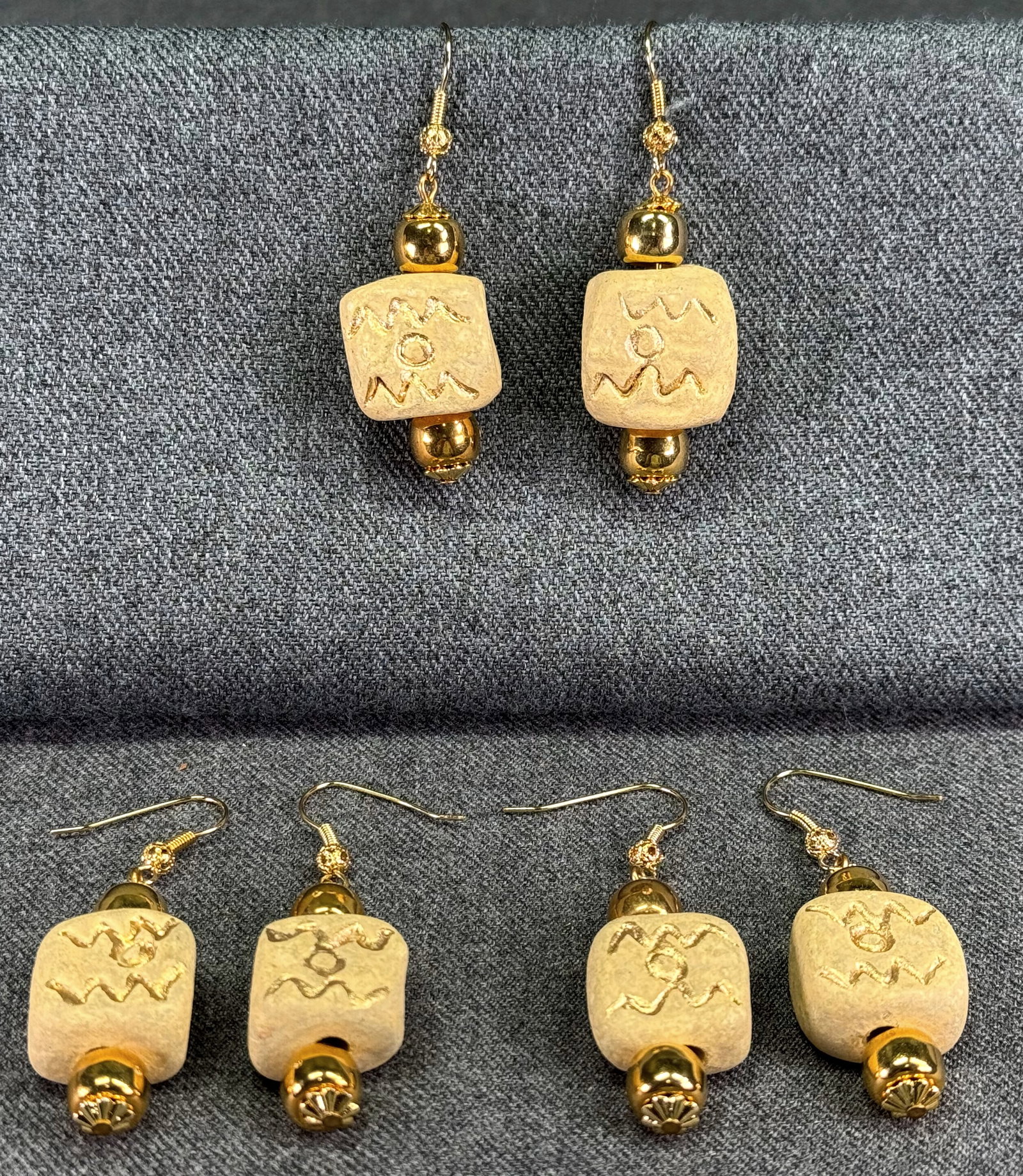 Vintage ethnic style golden accents beige pottery hook earrings. Unused. Lot of 3: IN HOUSE FLAT SHIPPING & HANDLING COST WITHIN ALL THE U.S. : $7 To bypass LiveShipping, and use our In-House shipping service for $7 or shipping combined for multiple lots, please select “Arrange Yo