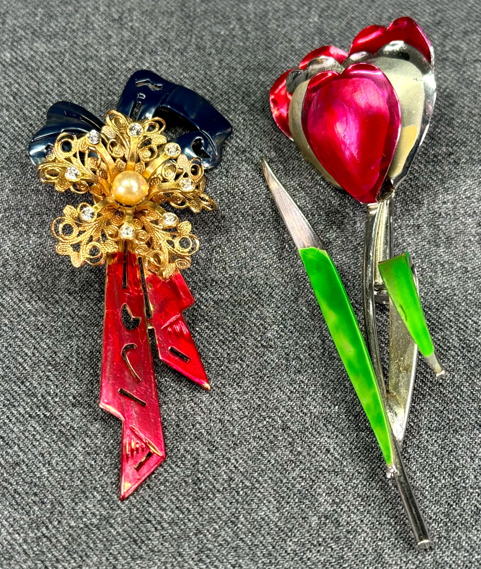 Vintage enamel silvertone tulip & jeweled enamel filigree goldtone flower with bow pin brooch (1 of 9)