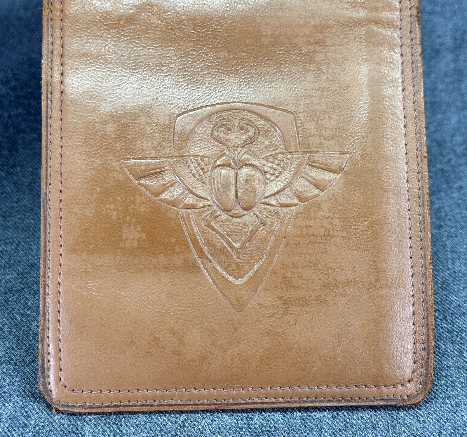 Antique Egyptian revival embossed beetle genuine tan leather bifold wallet (1 of 7)