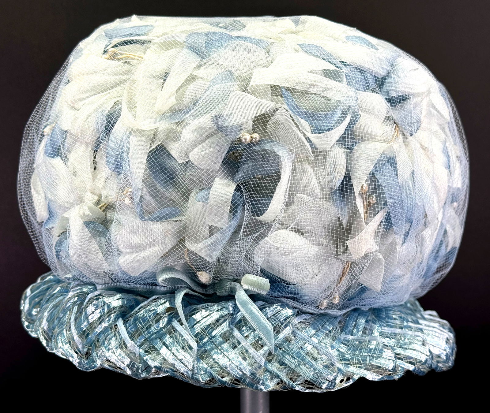 Vintage sky blue fabric flowers faux pearls lined in tulle raffia trim hat.: IN HOUSE FLAT SHIPPING & HANDLING COST WITHIN ALL THE U.S. : $10 To bypass LiveShipping, and use our In-House shipping service for $10 or shipping combined for multiple lots, please select “Arrange
