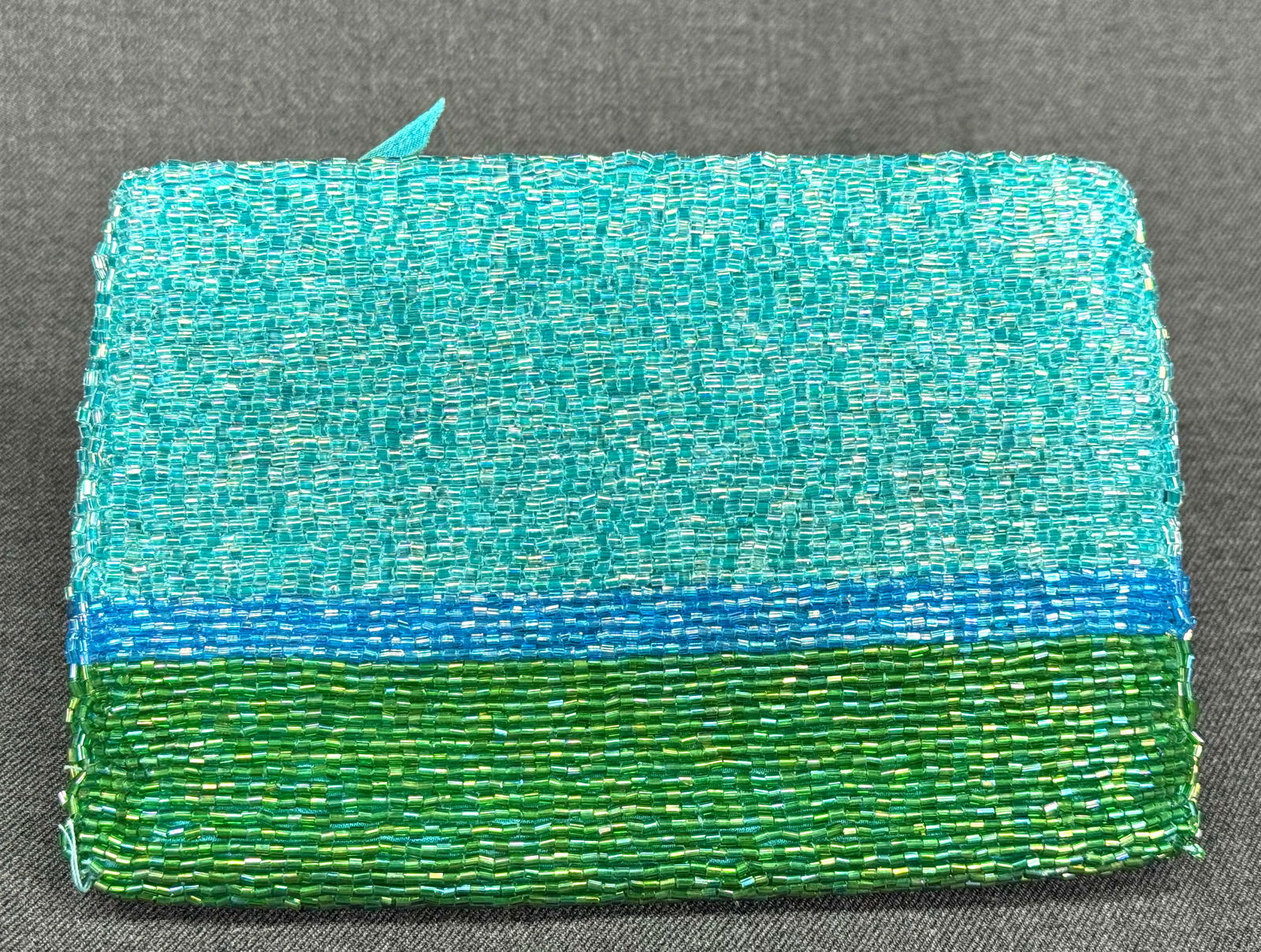 Vintage Neiman Marcus  AB aqua glass beaded stripes zippered small purse (1 of 10)