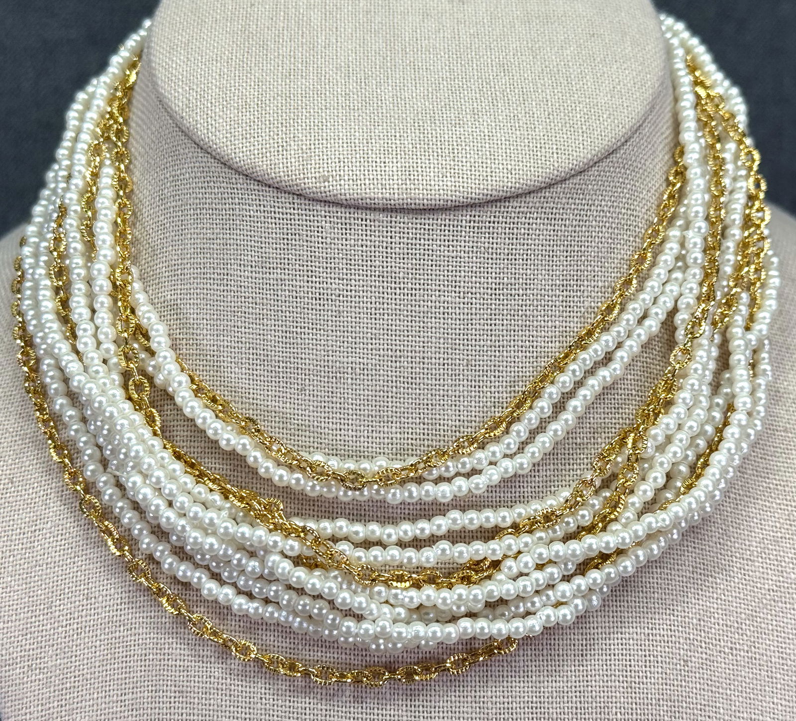 Vintage flapper style pearly beads gold-toned multi chain necklace: IN HOUSE FLAT SHIPPING & HANDLING COST WITHIN ALL THE U.S. : $7 To bypass LiveShipping, and use our In-House shipping service for $7 or shipping combined for multiple lots, plase select “Arrange You