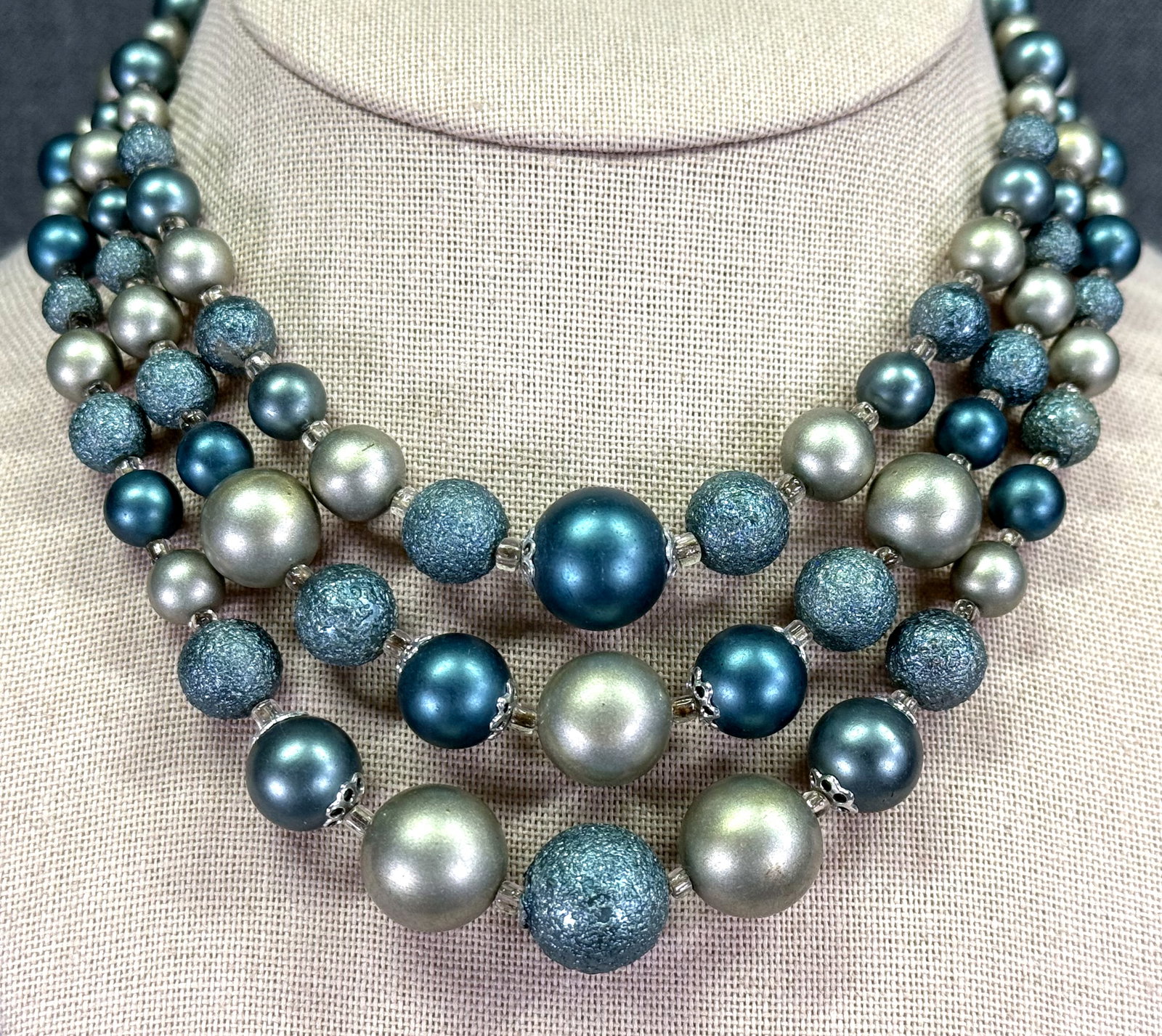 Vintage Japanese bluish & silvertone 3 strands graduated beaded collar necklace. (1 of 8)