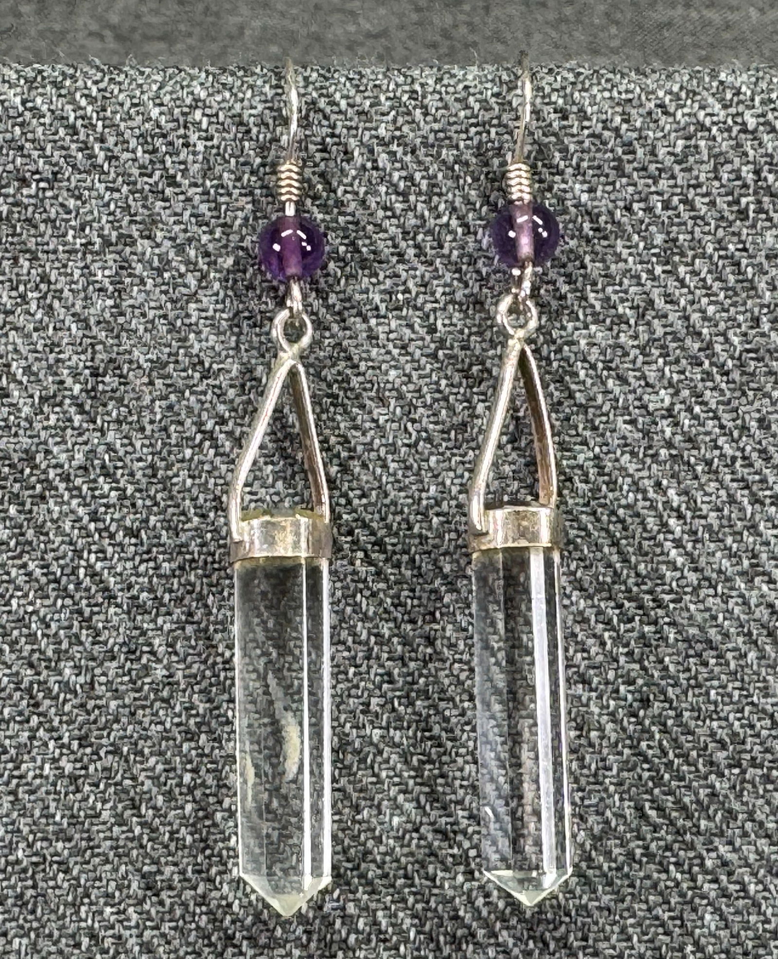 Vintage artsy Voguel style quartz dangle & amethyst sterling silver hook earrings (1 of 7)