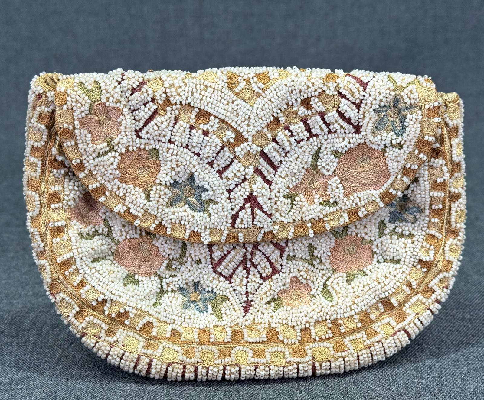 Vintage French hand embroidery and beaded flowers purse bag (1 of 12)