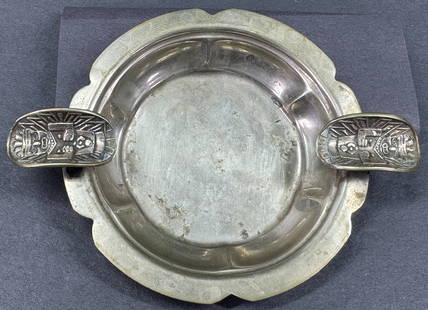 Vintage Ethnic design on cigarette holders silvertone metal ashtray.: Vintage Ethnic design on cigarette holders silvertone metal ashtray. For measures please refer to the pictures taken with a measuring tape. Weight: 28 Grams. This is a NO RESERVE AUCTION: there are no