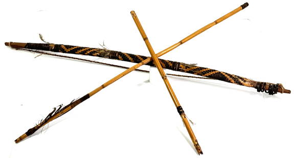 Old Amazonian Karaja  Bow and 2 arrows.: Old Amazonian Karaja Bow and 2 arrows. Wood with fiber bind, cane, feathers. The bow measures 28 inches long and 1 inch wide. The arrows measure 26 and 15 &frac12; inches long. This is a NO RESERVE AU