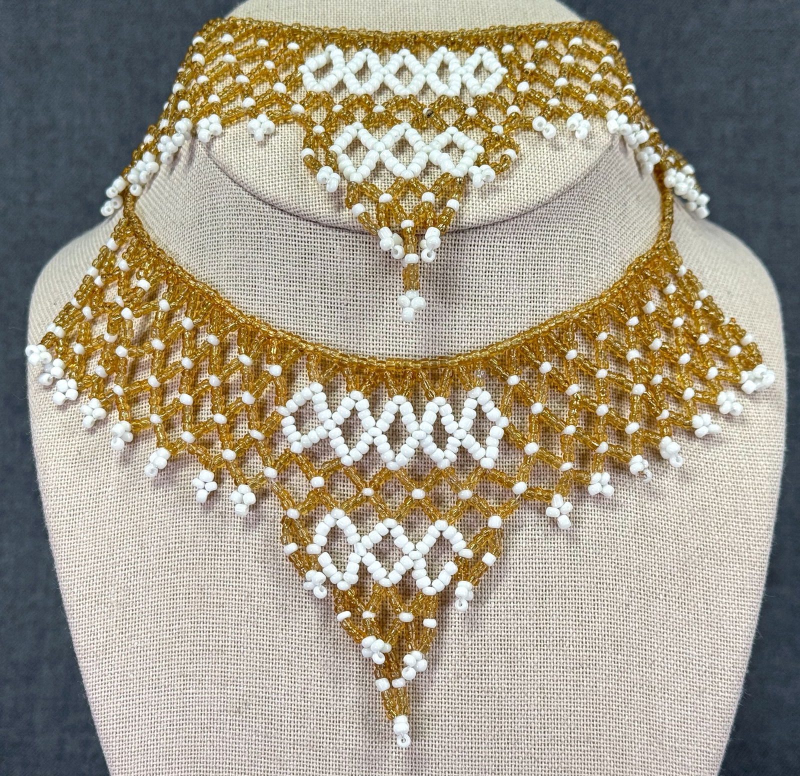 Vintage tribal style glass beaded mesh bib necklace. Lot of 2 (1 of 5)