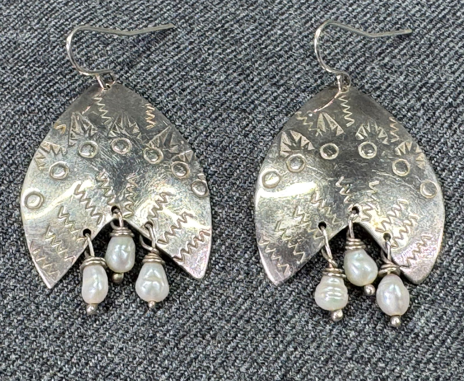 Vintage MBG Sterling silver baroque pearls drops stamped native design hook earrings (1 of 5)
