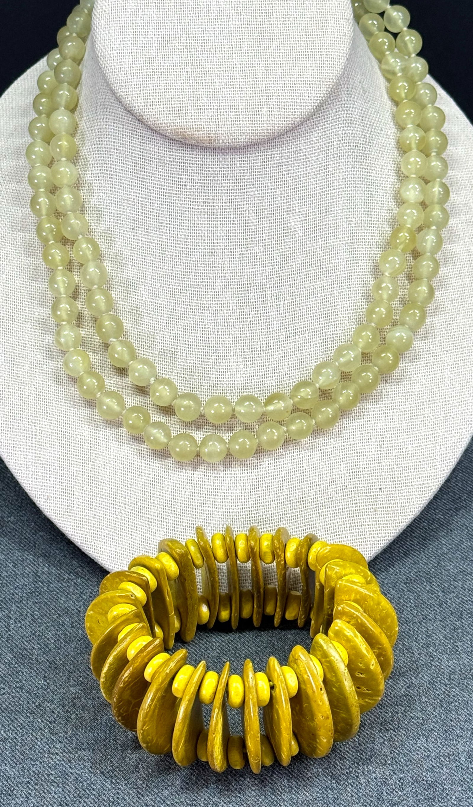 Vintage boho lemon quartz beaded necklace & wooden and coconut shell elastic bracelet (1 of 8)