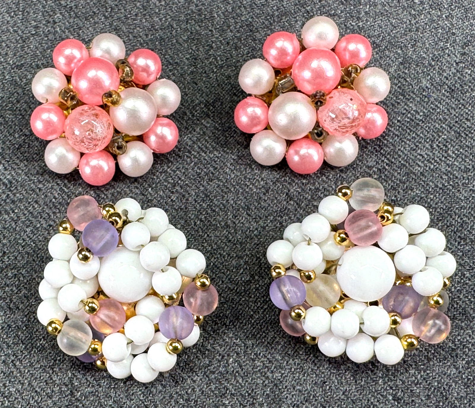 Vintage marked Japan pearly beads & unmarked plastic goldtone metal clip on earrings: Vintage marked Japan pearly beads & unmarked plastic goldtone metal clip on earrings. For measures please refer to the pictures taken with a measuring tape. Weight: 18 Grams. IN HOUSE Estimated* shipp