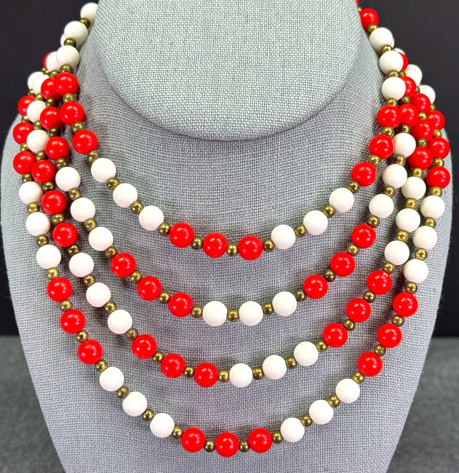 Vintage white and red plastic & small golden beads four strands collar necklace (1 of 5)