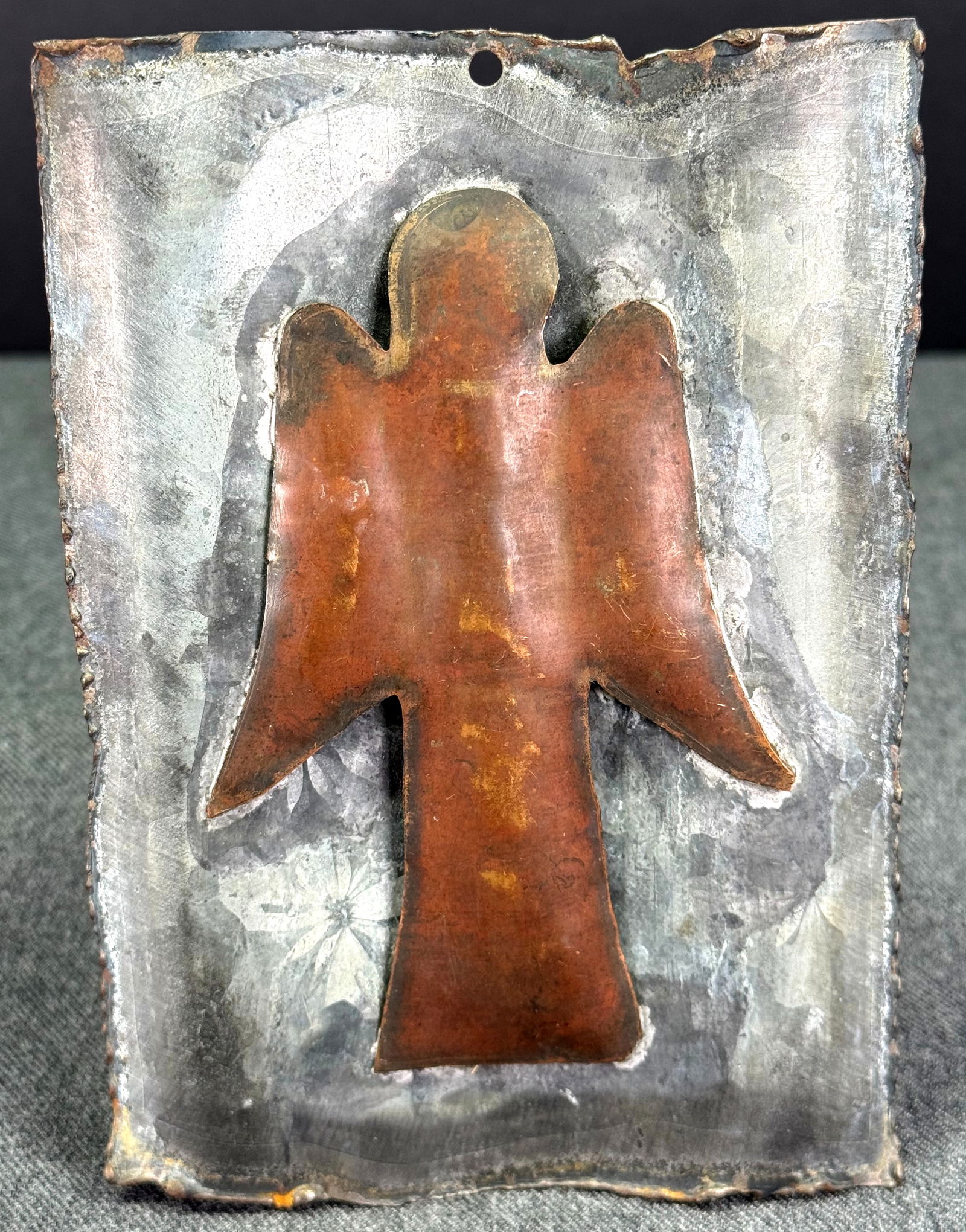 Vintage Folk Art copper angel on tin wall hanging signed (1 of 5)