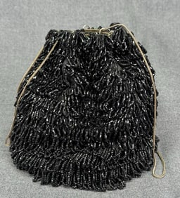 Antique Flapper Black Beaded with Loops Drawstring Purse Bag