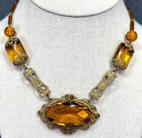 Antique Czech amber color crystals filigree gold-toned necklace