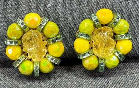 Vintage Hobe yellow & green lime beads flower clip on earrings