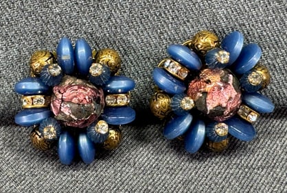 Vintage Haskell STYLE crystals, glass, lucite filigree gold-toned clip on earrings