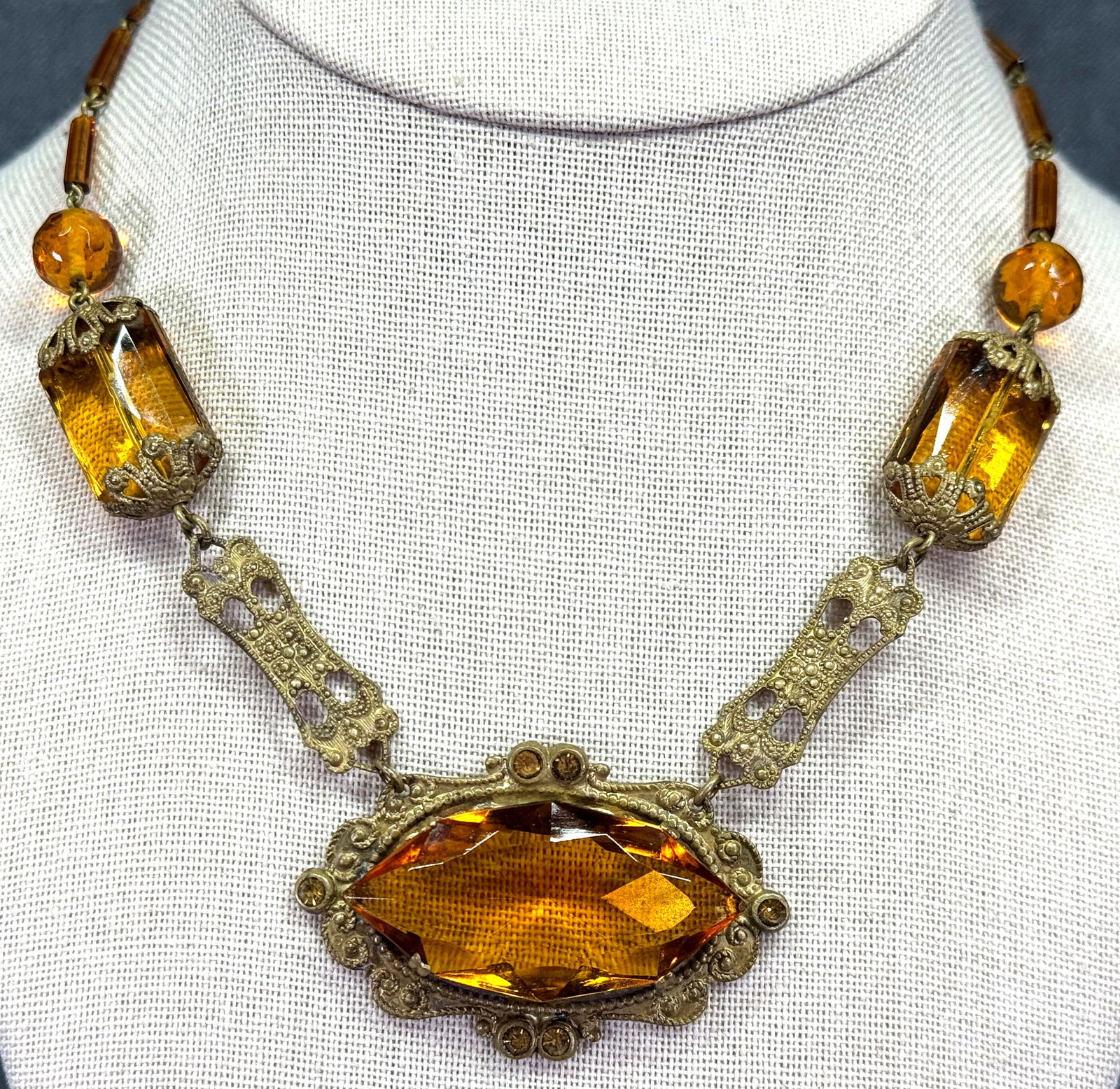 Antique Czech amber color crystals filigree gold-toned necklace  u (1 of 8)