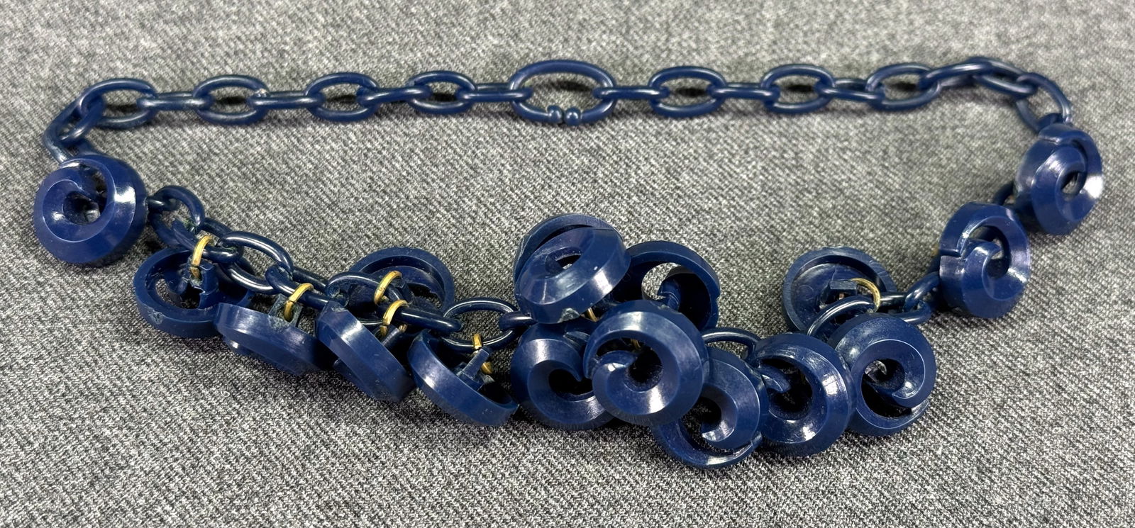 Vintage blue celluloid spiral buttons charms choker necklace: IN HOUSE FLAT SHIPPING & HANDLING COST WITHIN ALL THE U.S. : $7 To bypass LiveShipping, and use our In-House shipping service for $7 or shipping combined for multiple lots, please select “Arrange Yo