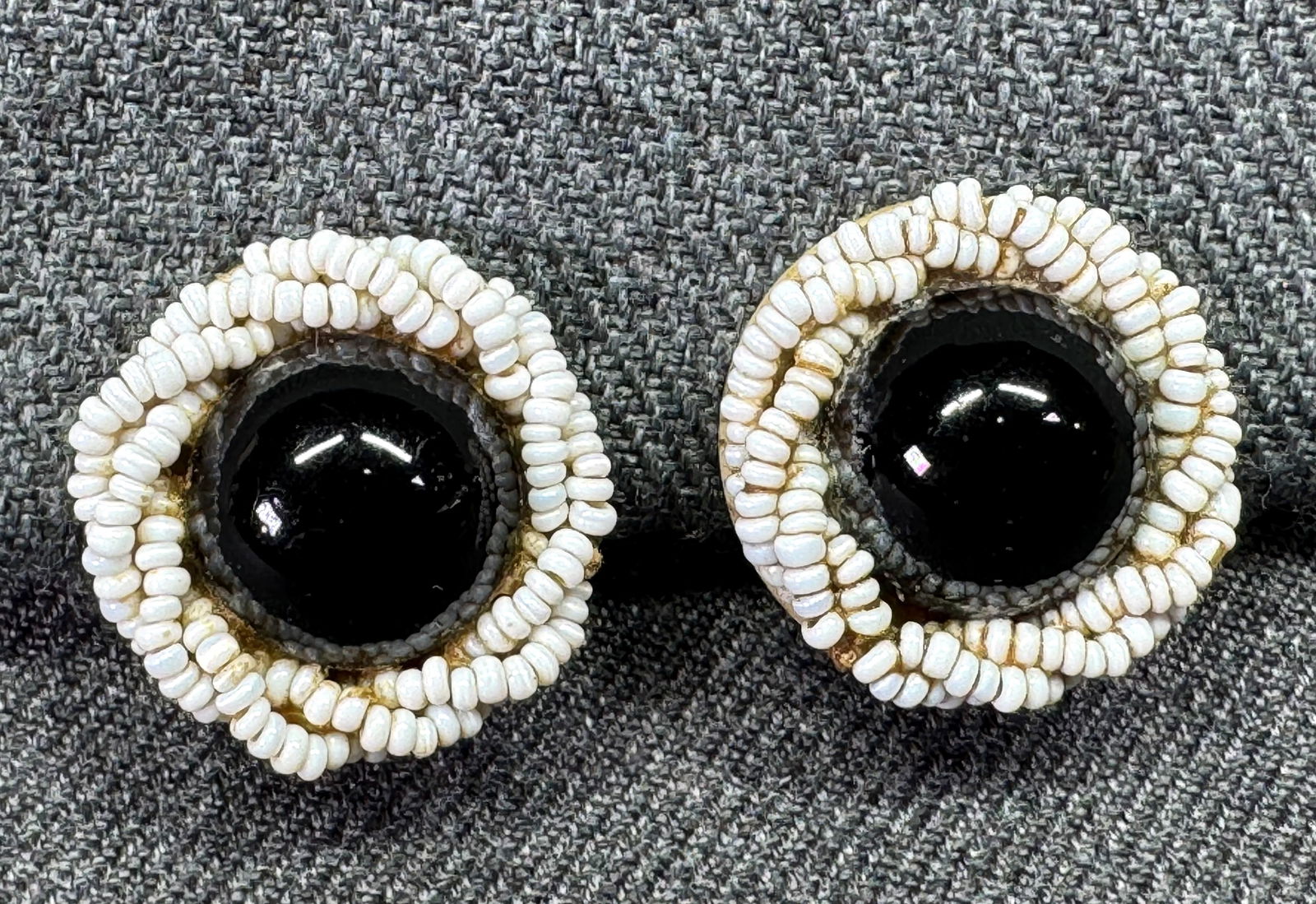 Antique Czech art deco black & white glass beaded clip earrings. u: IN HOUSE FLAT SHIPPING & HANDLING COST WITHIN ALL THE U.S. : $7 To bypass LiveShipping, and use our In-House shipping service for $7 or shipping combined for multiple lots, please select “Arrange Yo
