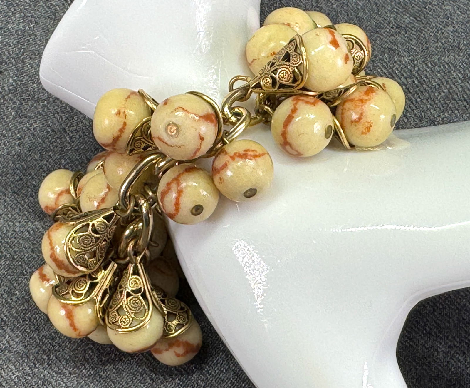 Lenora Dame marbled resin beads, gold-toned filigree charms bracelet: IN HOUSE FLAT SHIPPING & HANDLING COST WITHIN ALL THE U.S. : $7 To bypass LiveShipping, and use our In-House shipping service for $7 or shipping combined for multiple lots, please select “Arrange Yo
