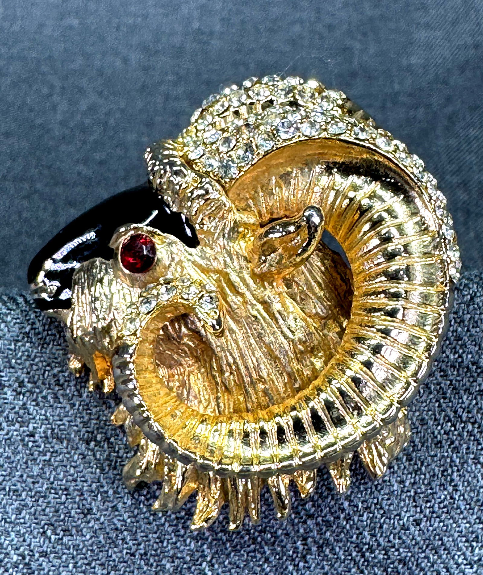 Vintage 80s crystals enamel gold-toned metal Ram "Aries Zodiac" brooch pin: IN HOUSE FLAT SHIPPING & HANDLING COST WITHIN ALL THE U.S. : $7 To bypass LiveShipping, and use our In-House shipping service for $7 or shipping combined for multiple lots, please select “Arrange Yo