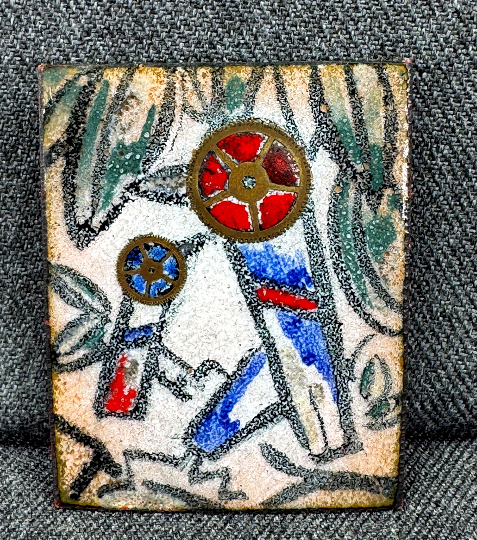 Vintage MCM L. Tarachas watch's wheels inlay enamel on copper birds brooch pin: IN HOUSE FLAT SHIPPING & HANDLING COST WITHIN ALL THE U.S. : $7 To bypass LiveShipping, and use our In-House shipping service for $7 or shipping combined for multiple lots, please select “Arrange Yo