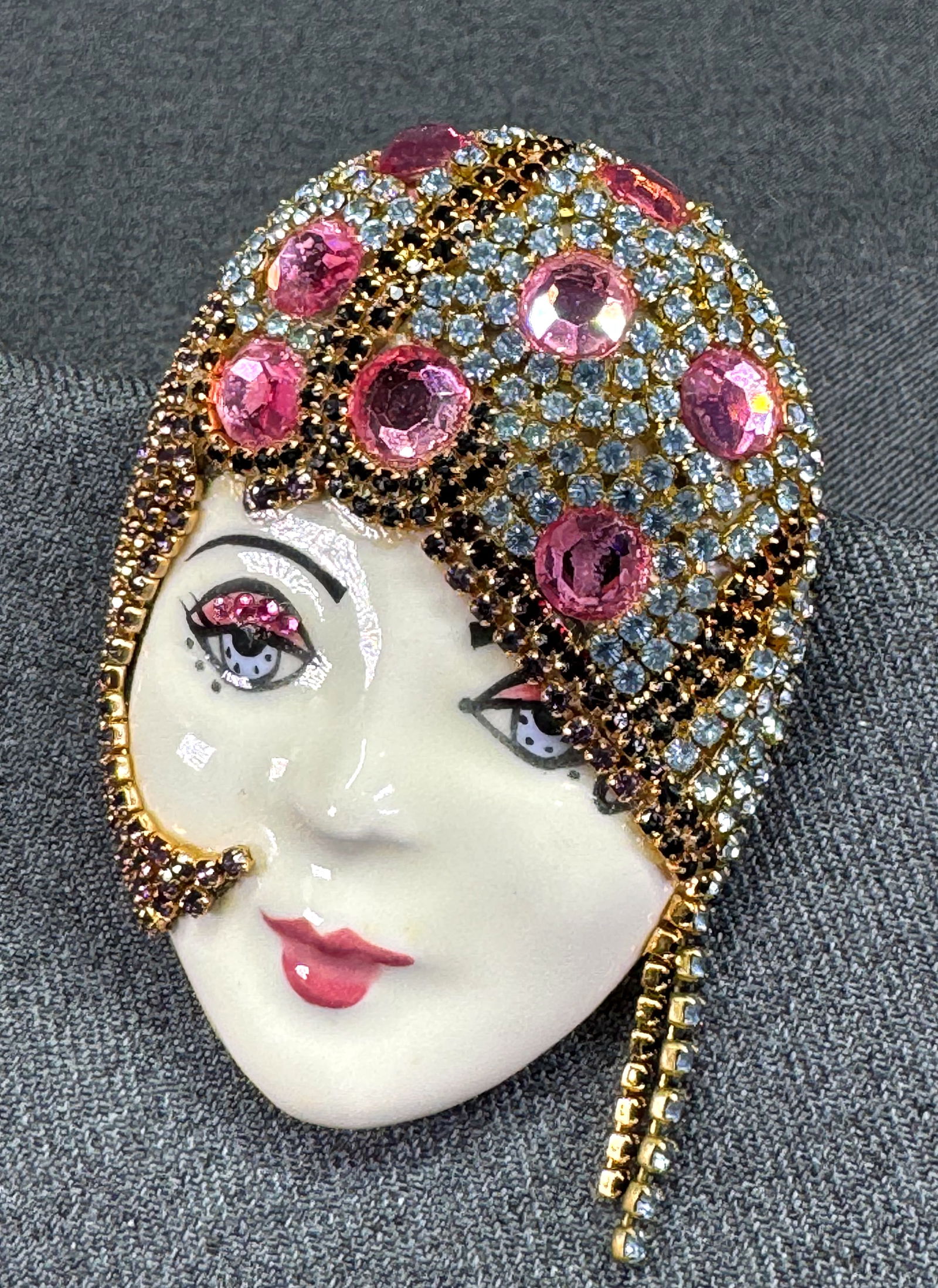 Vintage OOAK crystals hand painted flapper woman face porcelain large brooch pin (1 of 8)